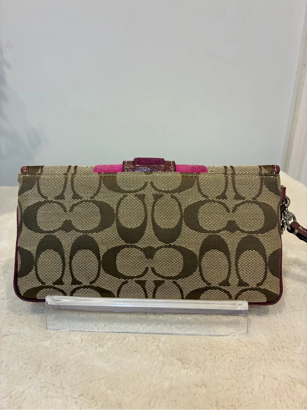 Coach 2004 Signature Flap Wallet Suede Jacquard Buckle Pink Burgundy Y2K Vintage